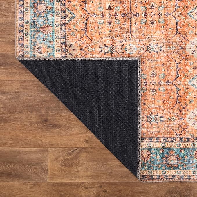 Bloom Rugs Washable Non-Slip 10 ft Runner - Orange/Teal Blue Traditional Bordered Runner for Entryway, Hallway, Bathroom, and Kitchen - Exact Size: 2.5' x 10'