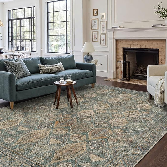 GENIMO 5x7 Area Rugs for Living Room, Machine Washable Non Slip Vintage Rugs, Low Pile Lightweight Chenille Print Rug for Bedroom, Dining Room, Home Office, Sage Teal