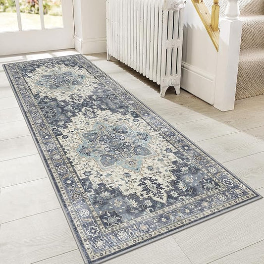GENIMO 2x7 Runner Rugs for Hallway, Machine Washable Non Slip Vintage Rugs, Low Pile Lightweight Soft Print Rug for enrtyway, Corridor, Home Office, Kitchen, Center Blue