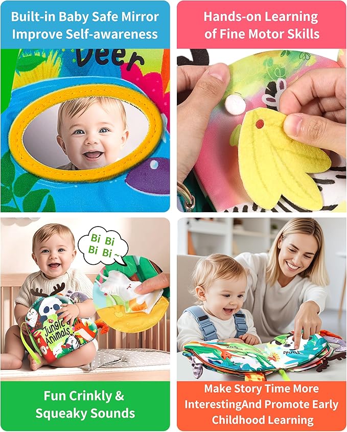 Baby Books 0-6 Months, Infant Tummy Time Sensory Teething Toys Baby Toys 6 7 8 9 10 12 Months, Touch and Feel Soft Cloth Book, 3D Crinkle Book Toy for Infant Newborn Boys Girls Early Learning