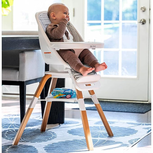 Turn-A-Tot High Chair for Babies and Toddlers, 2 in 1 Wooden Portable Baby Feeder or Adjustable Child's Seat with 360 Degree Swivel, Removable Tray, and Pad (Gingham)