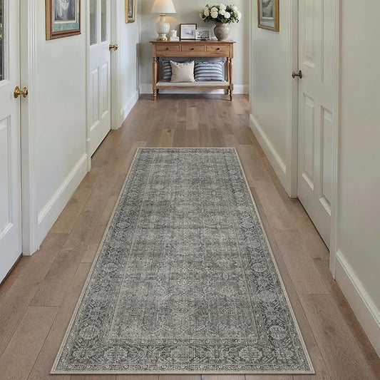 Grey Brown Runner Rug 2x6 Vintage Carpet Hallway Long Indoor Kitchen Washable Living Room Low Pile Traditional Distressed Retro Accent Throw Rug Non Slip Laundry Bathroom Office Dining Room