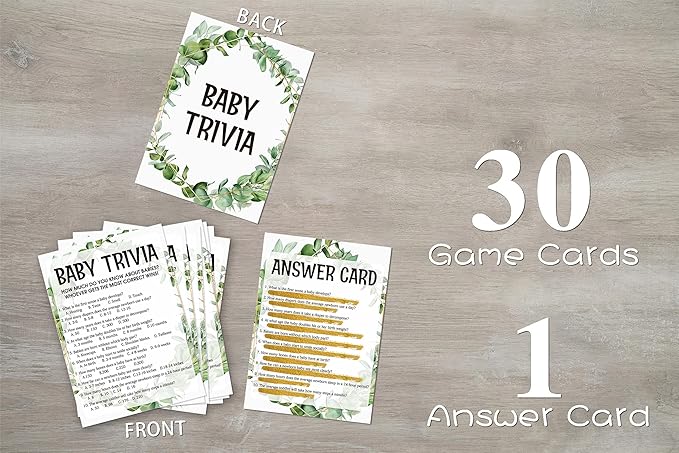Baby Shower Game Cards, Baby Trivia Game, Tropical Jungle Theme Party Cards for Gender Neutral Boys or Girls, Set of 30 (Green002)