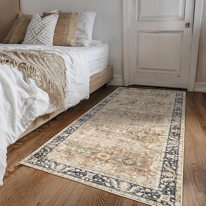 ReaLife Rugs Machine Washable Area Rug Runner - Living Room Bedroom Bathroom Kitchen Entryway Office - Padded Low Pile Stain Resistant Premium - Boho Farmhouse Vintage - BEV - Beige Tan Brown 3' x 5'
