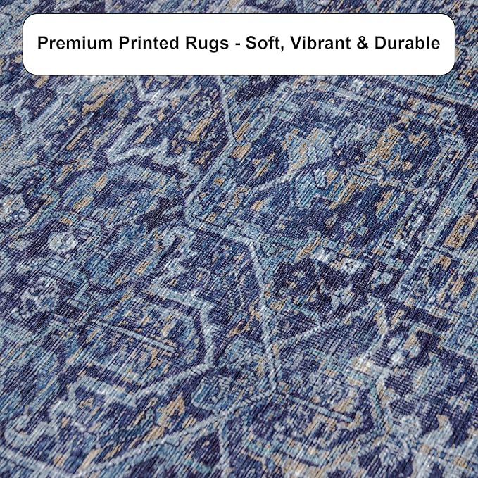 ReaLife Rugs Machine Washable Area Rug - Living Room Bedroom Bathroom Kitchen Entryway Office - Padded Low Pile Stain Resistant Premium - Boho Vintage Traditional - Lyle - Blue 5' x 7'