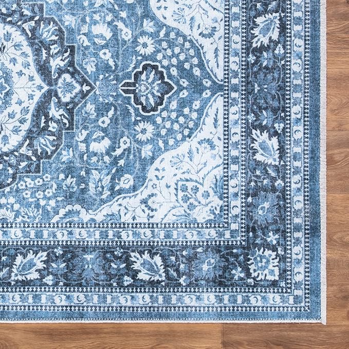 Bloom Rugs Caria Washable Non-Slip 7 ft Runner - Blue Traditional Runner for Entryway, Hallway, Bathroom, and Kitchen - Exact Size: 2'6" x 7'