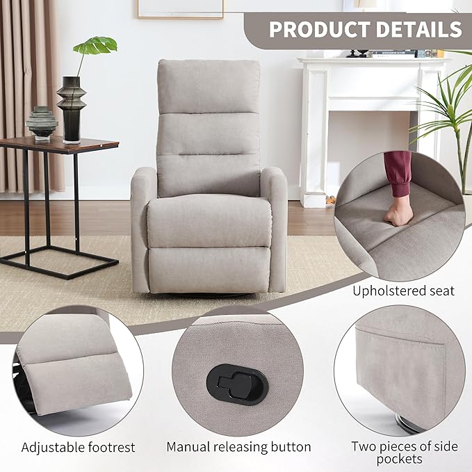 360° Swivel Rocking Chair for Nursery, Manual Glider Chair Nursing Chair with Side Pockets, Polyester Glider for Living Room, Heavy Duty Motion Mechanism, Light Gray