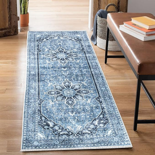 Bloom Rugs Caria Washable Non-Slip 12 ft Runner - Blue/Charcoal Traditional Runner for Entryway, Hallway, Bathroom, and Kitchen - Exact Size: 2'6" x 12'