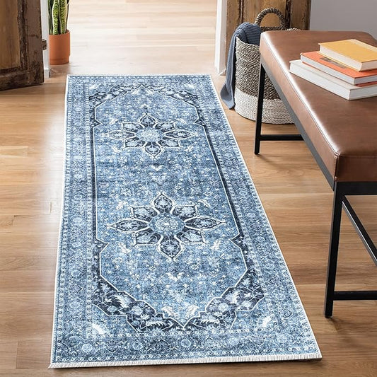 Bloom Rugs Caria Washable Non-Slip 10 ft Runner - Blue/Charcoal Traditional Runner for Entryway, Hallway, Bathroom, and Kitchen - Exact Size: 2'6" x 10'