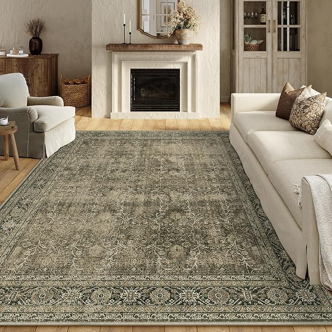 Vintage Area Rug 8x10 Light Brown Washable Living Room Bedroom Indoor Carpet Tribal Distressed Retro Accent Throw Rug for Office Dining Room Bathroom Faux Wool