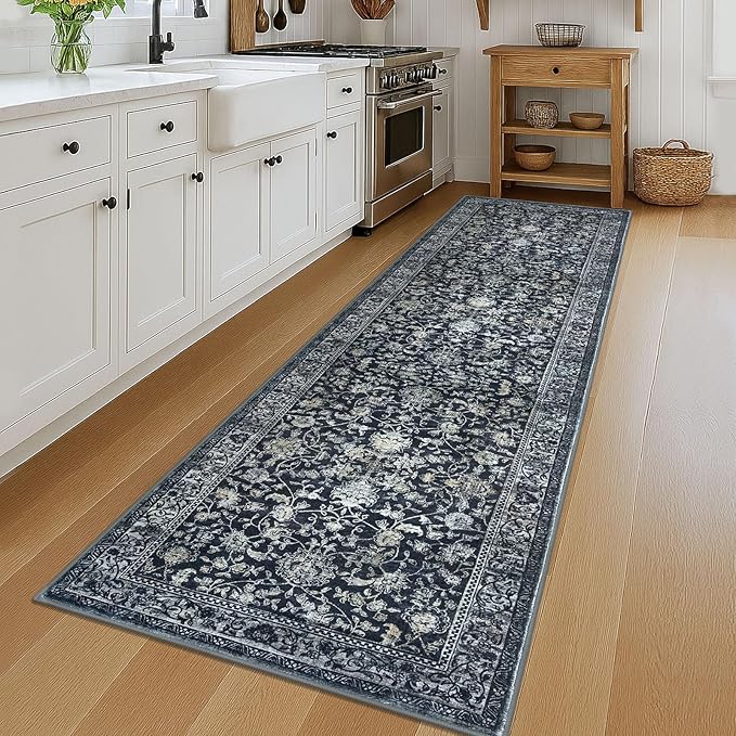 KILOCOCO Hallway Runner 3x12 Rug Runner Printed Vintage Floral Washable Non-Slip Rubber Backed Runners for Hallways Kitchen Laundry Room Entryway Bedroom, Charcoal