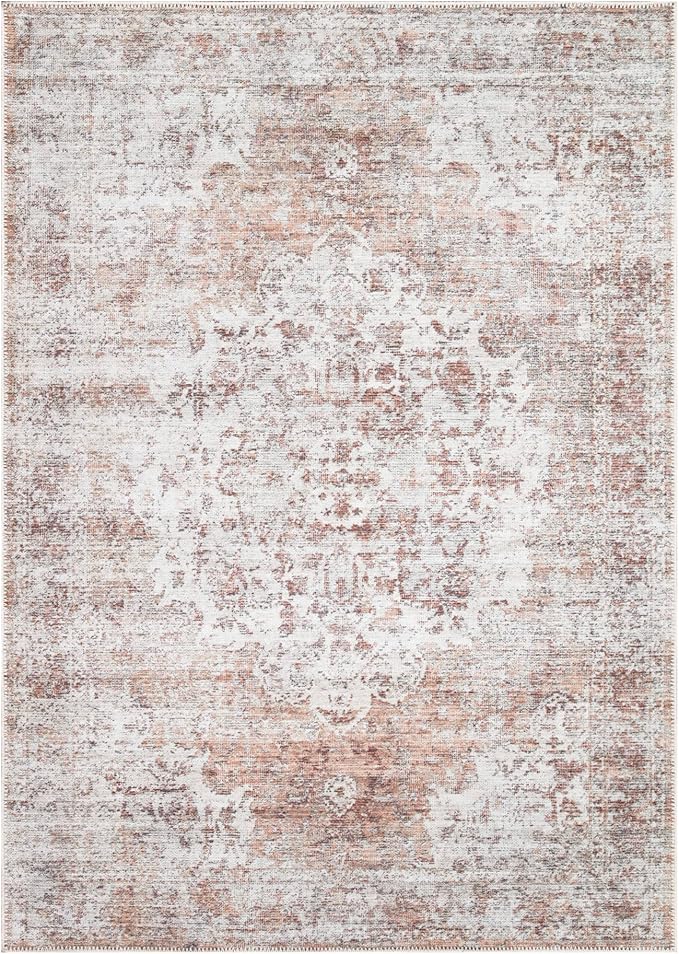 Bloom Rugs Washable Non-Slip 6' x 9' Rug - Ivory/Blush Traditional Area Rug for Living Room, Bedroom, Dining Room, and Kitchen - Exact Size: 6' x 9'