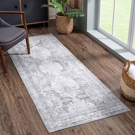 Bloom Rugs Washable 12 ft Runner - Ivory/Silver Gray Traditional Runner for Entryway, Hallway, Bathroom, and Kitchen - Exact Size: 2.5' x 12'