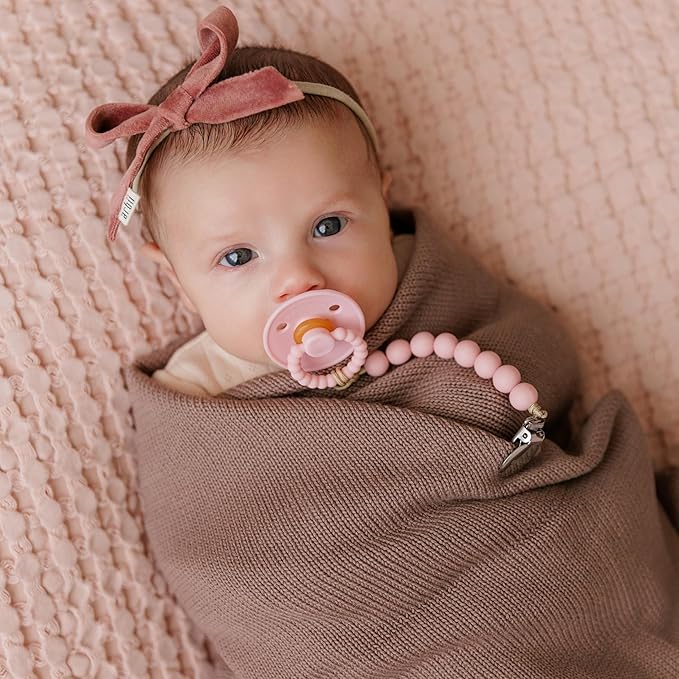 Luladream Pacifier and Clip Set - Natural Rubber Nipple - Soft Teething Handle - for Infants Baby's and Toddlers, 0-18 Months (Blush Pink + Rose Petal + Clips)