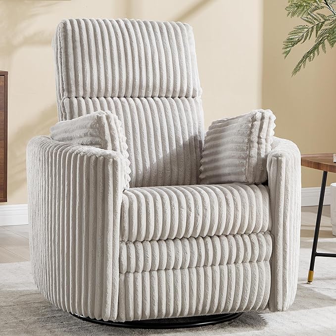 Recliner 360°Swivel Glider Rocking Manual Multifunction with Upholstered Nursery Adult Recliner Rocking Chair with 2 Pillows for Living Room Bedroom(LIGHTGREY Corduroy, Manual Operation)
