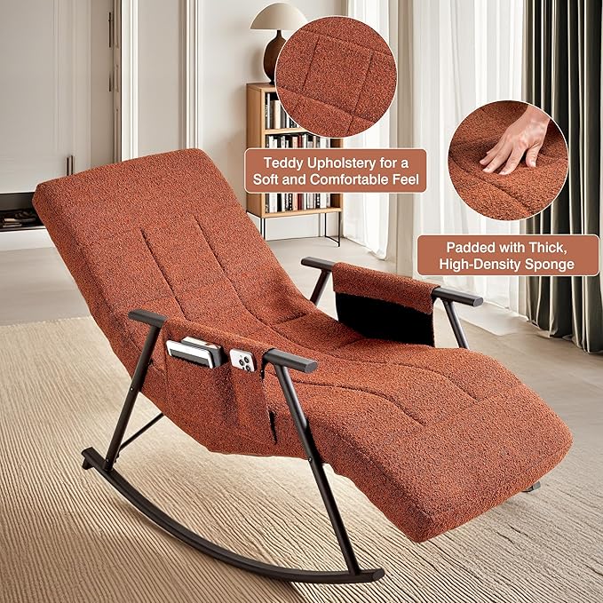 VECELO High Back Nursery Rocking Chair with Foot Rest, Teddy Upholstered Reclining Glider Rocker, Comfy Armchair Padded Seat Removable Side Pockets for Living Room, Bedroom, Balcony