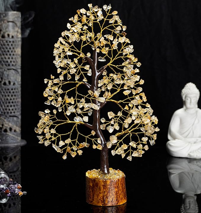 Crocon Citrine Gemstone Tree Feng Shui Figurine Money Bonsai Chakra Balancing Good Luck Prosperity Reiki Healing Crystals Decoration Ornament Sculpture Table Decor Gift Size 10-12"