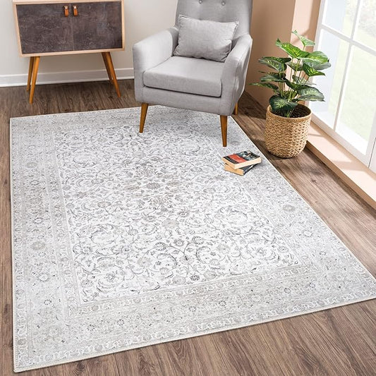 Bloom Rugs Washable Non-Slip 6' x 9' Rug - Beige/Off White Traditional Bordered Area Rug for Living Room, Bedroom, Dining Room, and Kitchen - Exact Size: 6' x 9'