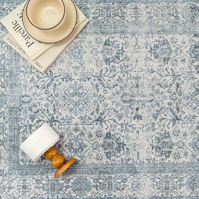 Vintage Area Rug 4x6 Blue Entryway Office Washable Carpet Non Slip Bedroom Indoor Living Room Door Mat Low Pile Traditional Distressed Retro Accent Rug for Dining Room Bathroom Kitchen