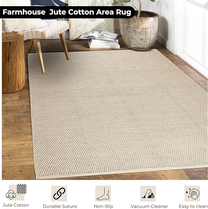 Bedding Craft Jute Cotton Matty Area Rug for Living Room 60x96 Inch - Natural - Machine Washable 5x8 Feet Rugs - 70% Jute and 30% Cotton