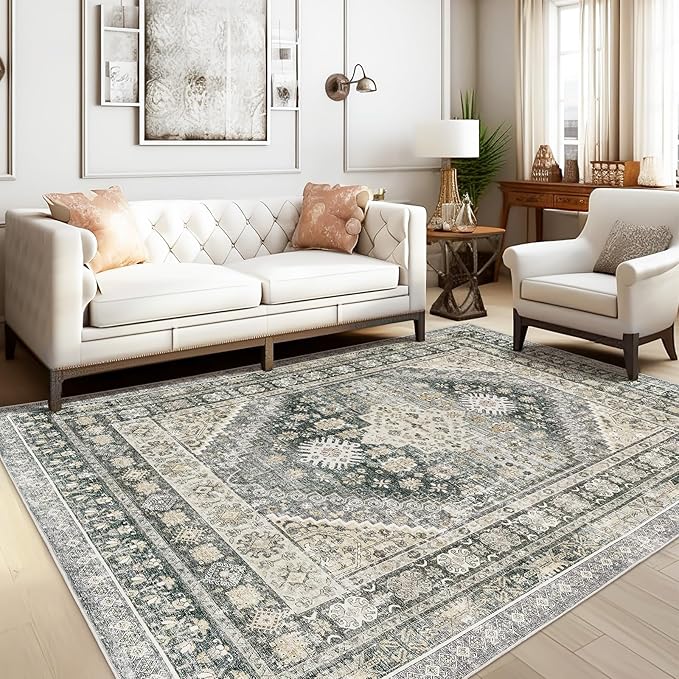 zesthome 6x9 Area Rug, Super Soft Washable Rugs for Living Room, Non-Slip Stain Resistant Vintage Rugs, Ultra-Thin Large Area Rugs (Wheat/Charcoal,6'x9')