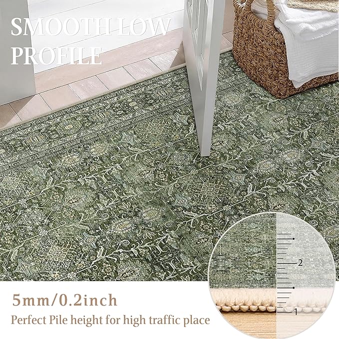 Vintage Area Rug 6x9 Green Washable Living Room Large Carpet Non Slip Bedroom Indoor Office Low Pile Traditional Distressed Retro Accent Rug for Dining Room Kitchen