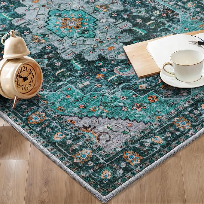 Ciicool 9x12ft Vintage Washable Area Rug,Large Oriental Throw Carpet,Non-Slip Low Pile Rug for Living Room, Bedroom, Dining Room, Office, Kitchen（Teal/Multi）