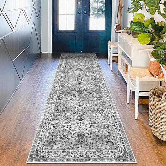 KILOCOCO Hallway Runner 2.6x10 Runner Rug Printed Vintage Floral Washable Rugs Kitchen Runners Soft Non-Slip Low Pile Rubber Backed Runners for Laundry Room Distressed Boho Rugs, Light Gray White