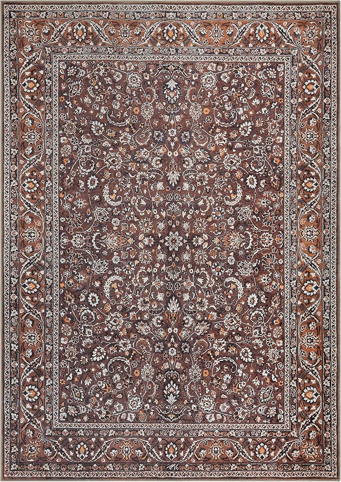 Bloom Rugs Washable Non-Slip 9' x 12' Rug - Dark Brown/Orange Traditional Bordered Area Rug for Living Room, Bedroom, Dining Room, and Kitchen - Exact Size: 9' x 12'