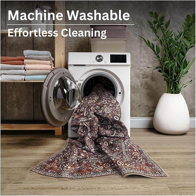 Bloom Rugs Washable Non-Slip 9' x 12' Rug - Dark Brown/Orange Traditional Bordered Area Rug for Living Room, Bedroom, Dining Room, and Kitchen - Exact Size: 9' x 12'