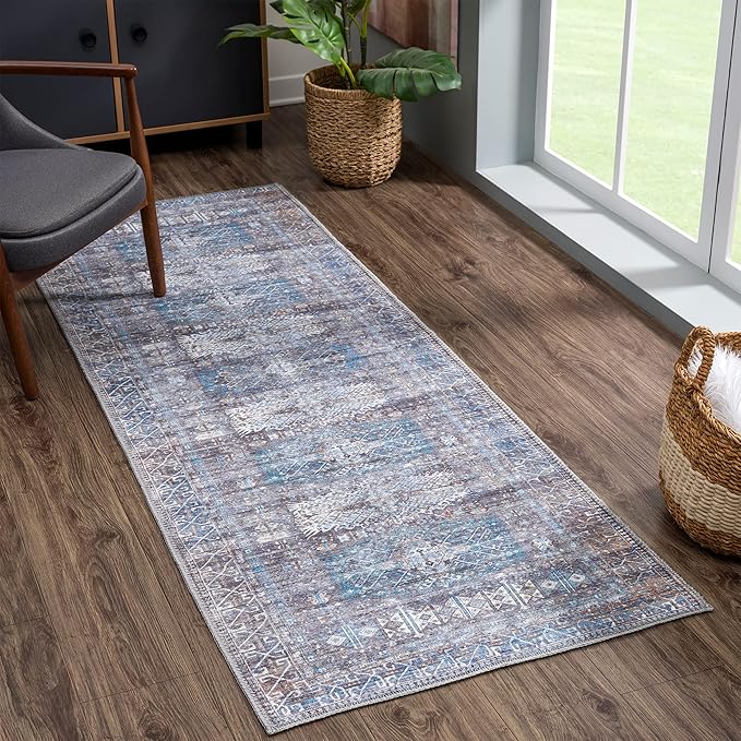 Bloom Rugs Washable 10 ft Runner - Slate Gray/Blue Traditional Runner for Entryway, Hallway, Bathroom, and Kitchen - Exact Size: 2.5' x 10'
