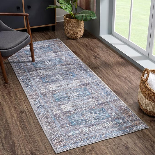 Bloom Rugs Washable 10 ft Runner - Slate Gray/Blue Traditional Runner for Entryway, Hallway, Bathroom, and Kitchen - Exact Size: 2.5' x 10'