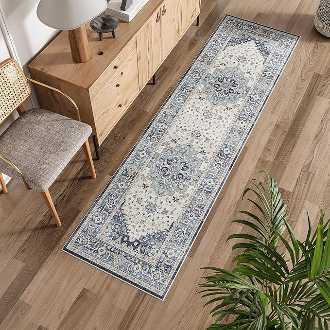 Dripex Kitchen Runner Rug-2x6 Washable Distressed Hallway Runner Oriental Medallion Carpet Non-Slip Non-Shedding Laundry Mat Foldable Thin Entry Throw Area Rug for Living Room Bedroom
