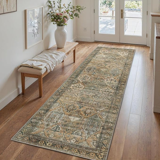 GENIMO 2x12 Runner Rugs for Hallway, Machine Washable Non Slip Vintage Rugs, Low Pile Lightweight Soft Print Rug for enrtyway, Corridor, Home Office, Kitchen, Warm Taupe