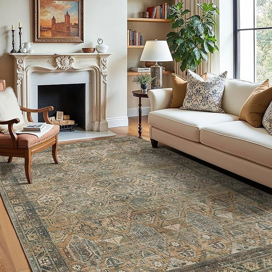 GENIMO 8x10 Area Rugs for Living Room, Machine Washable Non Slip Vintage Rugs, Low Pile Lightweight Chenille Print Rug for Bedroom, Dining Room, Home Office, Warm Taupe