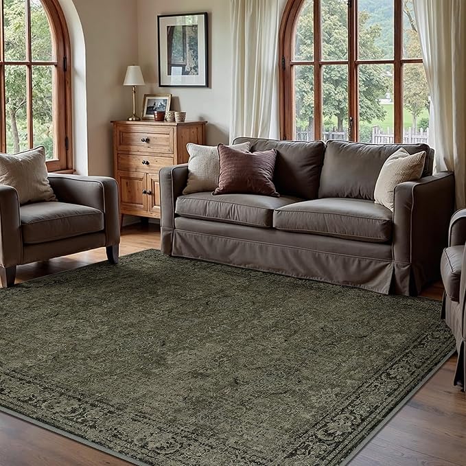 Vintage Area Rug 6x9 Washable Olive Brown Living Room Carpet Large Indoor Non Slip Bedroom Low Pile Kitchen Distressed Retro Accent Throw Rug for Dining Room
