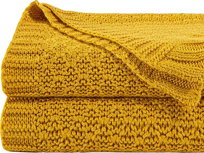 NTBAY Cable Knit Cooling Bed Blanket, Soft and Breathable Oversized Twin Bed Blanket 60x80 Inches Made from Rayon Derived from Bamboo for Bedroom, Travel, Ginger Yellow