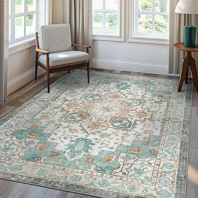 GENIMO 6x9 Area Rugs for Living Room, Machine Washable Non Slip Vintage Rugs, Low Pile Lightweight Chenille Print Rug for Bedroom, Dining Room, Home Office, Cyan