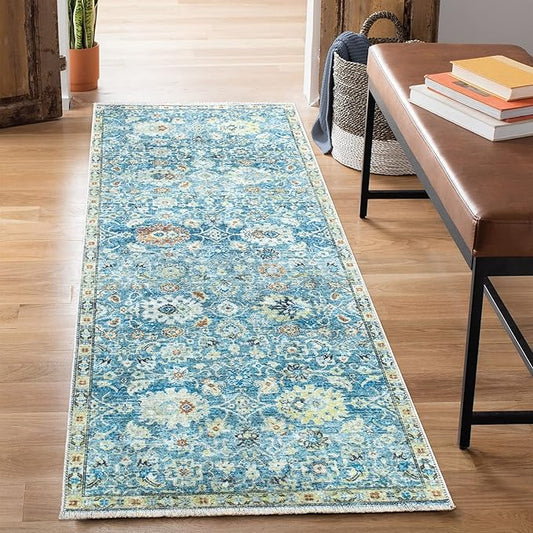 Bloom Rugs Caria Washable Non-Slip 10 ft Runner - Blue/Beige Traditional Runner for Entryway, Hallway, Bathroom, and Kitchen - Exact Size: 2'6" x 10'