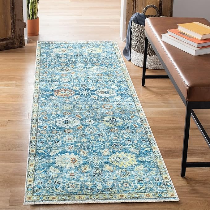 Bloom Rugs Caria Washable Non-Slip 7 ft Runner - Blue/Beige Traditional Runner for Entryway, Hallway, Bathroom, and Kitchen - Exact Size: 2'6" x 7'
