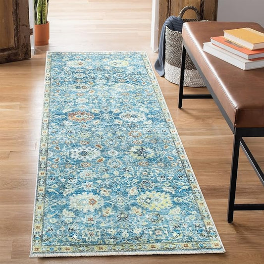 Bloom Rugs Caria Washable Non-Slip 7 ft Runner - Blue/Beige Traditional Runner for Entryway, Hallway, Bathroom, and Kitchen - Exact Size: 2'6" x 7'