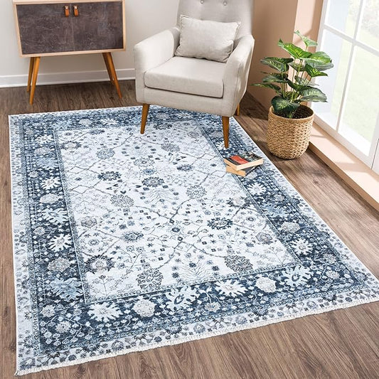 Bloom Rugs Caria Washable Non-Slip 5x7 Rug - Navy Blue Traditional Bordered Area Rug for Living Room, Bedroom, Dining Room, and Kitchen - Exact Size: 5' x 7'
