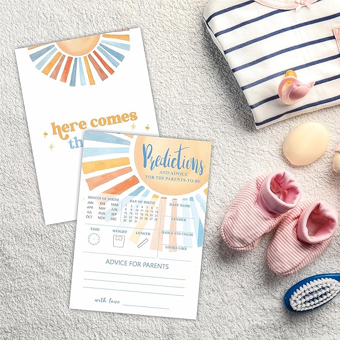 Baby Predictions & Advice Game Set -Retro Sunshine Theme Baby Shower - Watercolor Sun Theme Baby Shower Game Kit, Gender Reveal, Baby Announcement Party Favor & Supplies - A02