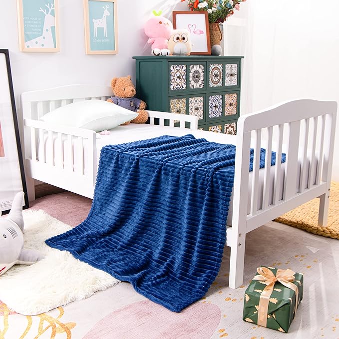 NTBAY Plush Soft Flannel Baby Blanket, Warm and Cozy Unisex Toddler Blanket with Stripe Pattern for Stroller, Crib, Travel, 30x40 Inches, Navy Blue