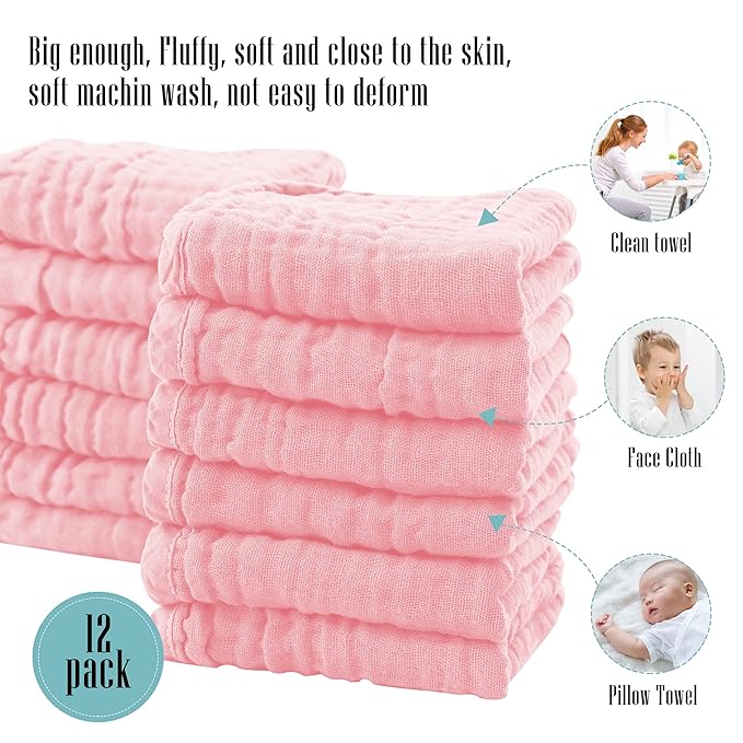 24 Pack Muslin Burp Cloths for Baby - Ultra-Soft 100% Cotton Baby Washcloths - Large 20'' by 10'' Super Absorbent Milk Spit Up Rags - Burpy Cloths for Unisex, Boy, Girl - Pink