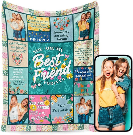 BFF Best Friend Custom Personalized Blanket Thow Gifts with Photo, Customized Pictures Blankets Gift for Sister Women Girls Christmas Birthday (Green Grid Friend)