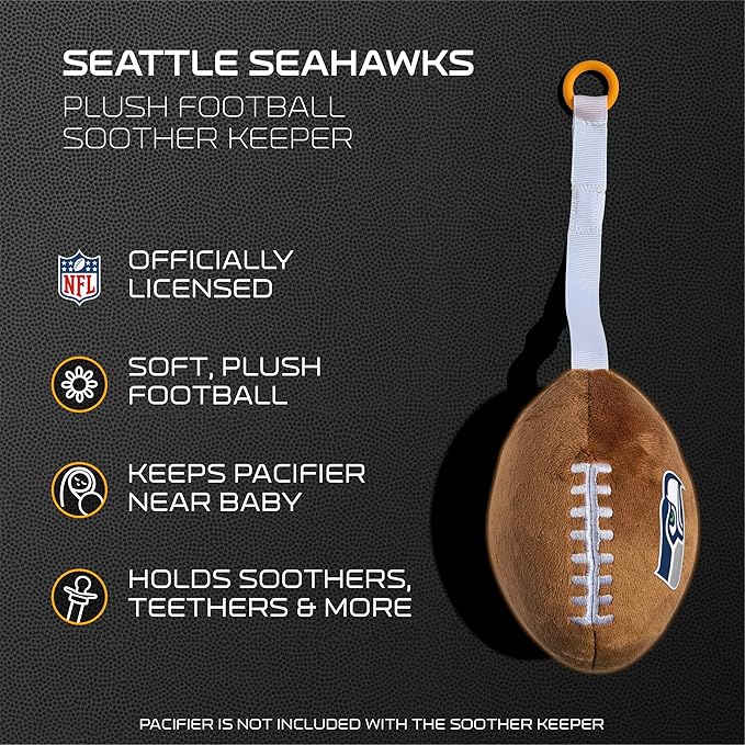 Seattle Seahawks Plush Football Pacifier Holder by Smilo - Officially Licensed NFL Soother Holder - Soft Plush Toy and Dummy Holder - Fits Any Pacifier - Stroller Accessory & Newborn Essential