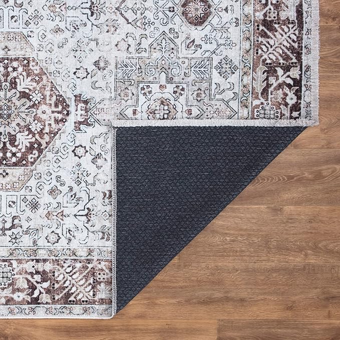Bloom Rugs Caria Washable Non-Slip 12 ft Runner - Beige/Brown Traditional Runner for Entryway, Hallway, Bathroom, and Kitchen - Exact Size: 2'6" x 12'