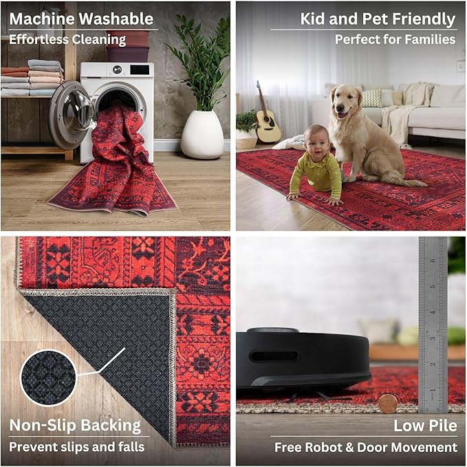 Bloom Rugs Washable Non-Slip 7 ft Runner - Red Traditional Bordered Runner for Entryway, Hallway, Bathroom, and Kitchen - Exact Size: 2.5' x 7'