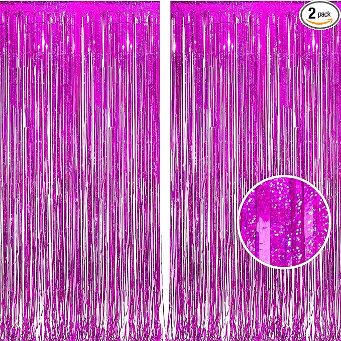 BRAVESHINE Hot Pink Tinsel Foil Fringe Curtains - 2Pcs 3.2x8.2ft Metallic Party Streamers Backdrop for Girl Birthdays Valentines Bridal Shower Bachelorette Hawaiian Luau Theme Party Decorations